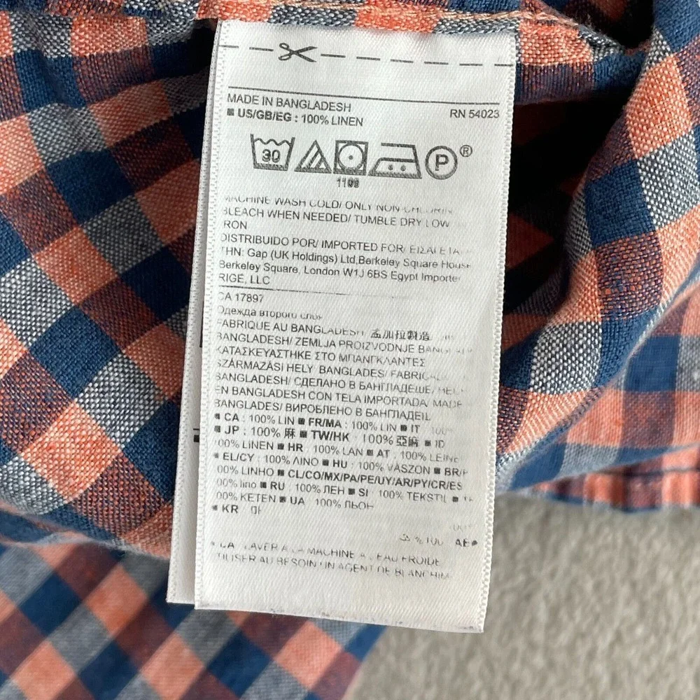 Banana Republic Shirt Men Large Blue Orange Check 100%‎ Linen Camden Fit Preppy